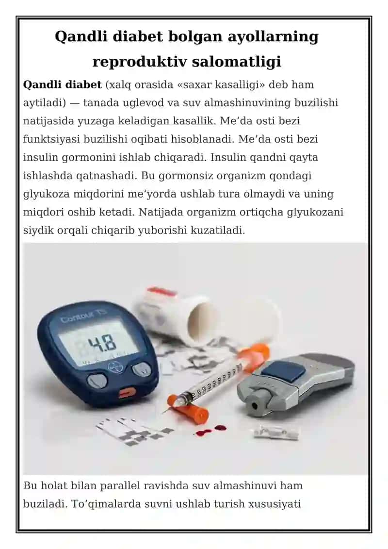Qandli diabet bolgan ayollarning reproduktiv salomatligi