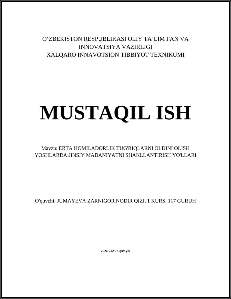 ERTA HOMILADORLIK TUG'RIQLARNI OLDINI OLISH YOSHLARDA JINSIY MADANIYATNI SHAKLLANTIRISH YO'LLARI 1