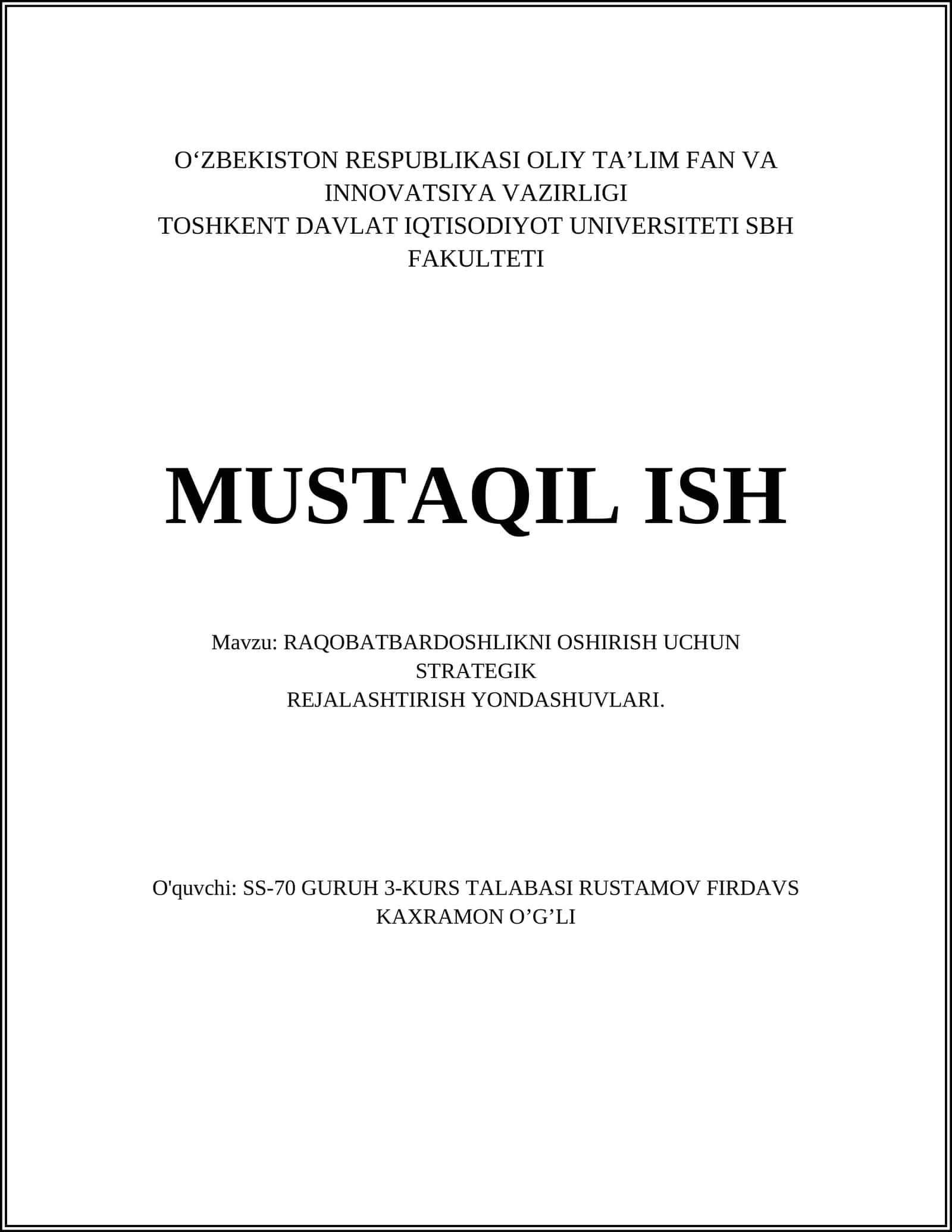 RAQOBATBARDOSHLIKNI OSHIRISH UCHUN STRATEGIK REJALASHTIRISH YONDASHUVLARI 1
