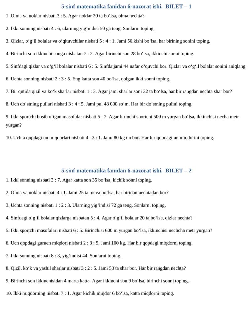 5-sinf matematika fanidan 6-nazorat ishi. BILET – 1 1