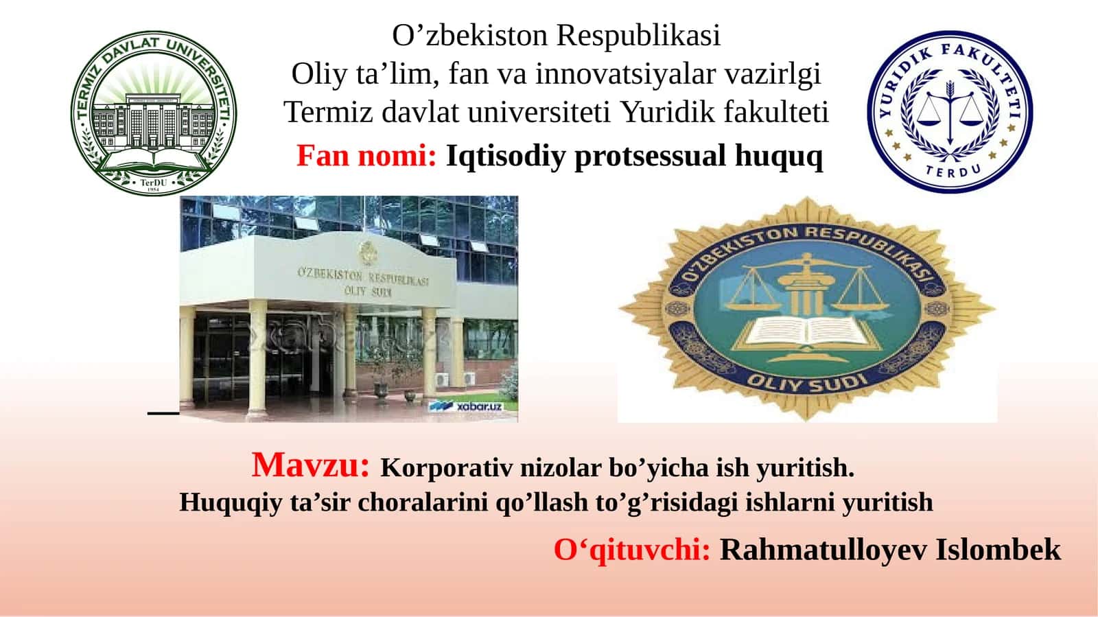 Korporativ nizolar bo’yicha ish yuritish.  Huquqiy ta’sir choralarini qo’llash to’g’risidagi ishlarni yuritish 1