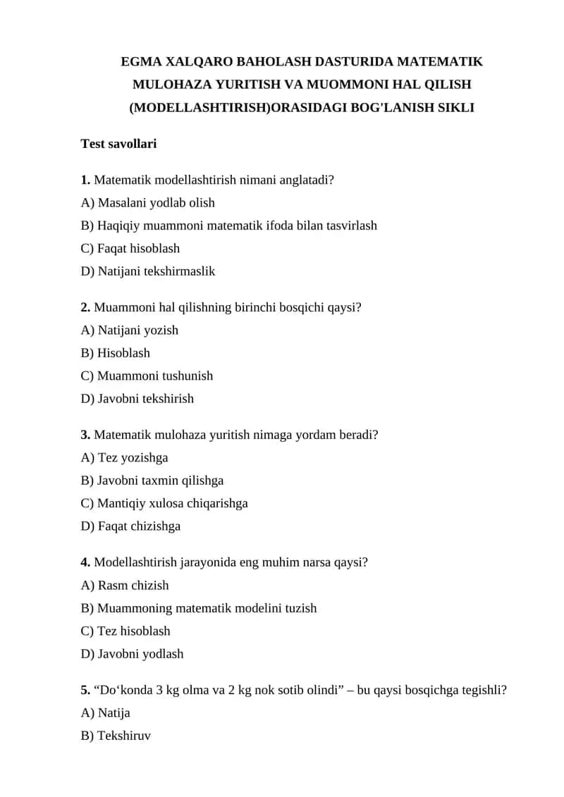 EGMA XALQARO BAHOLASH DASTURIDA MATEMATIK MULOHAZA YURITISH VA MUOMMONI HAL QILISH (MODELLASHTIRISH) ORASIDAGI BOG'LANISH SIKLI 1