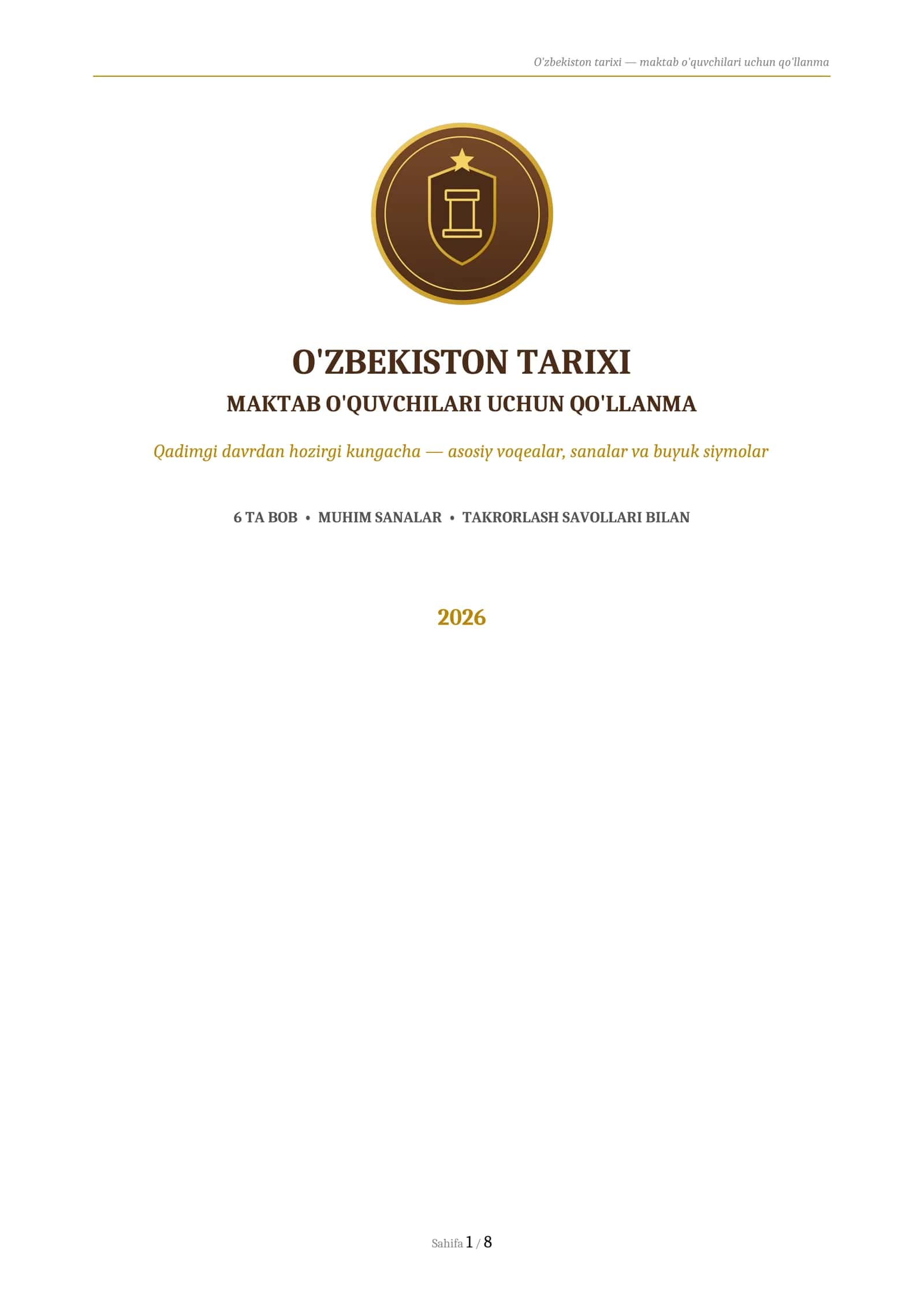 O'ZBEKISTON TARIXI
MAKTAB O'QUVCHILARI UCHUN QO'LLANMAQadimgi davrdan hozirgi kungacha muhim savolla 1