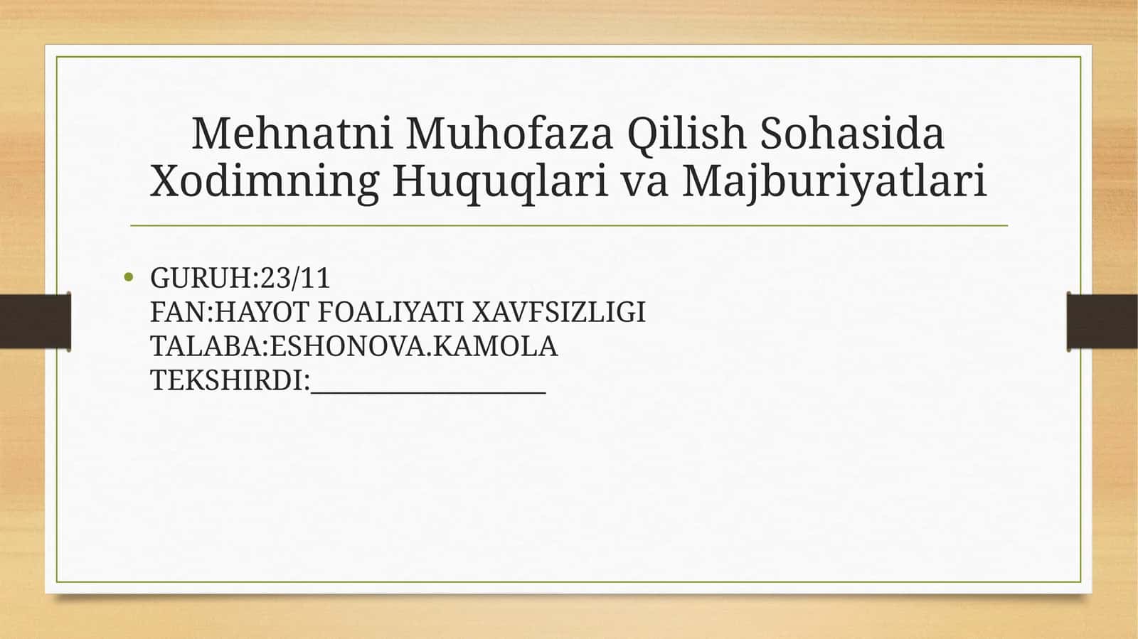 Mehnatni Muhofaza Qilish Sohasida Xodimning Huquqlari va Majburiyatlari 1