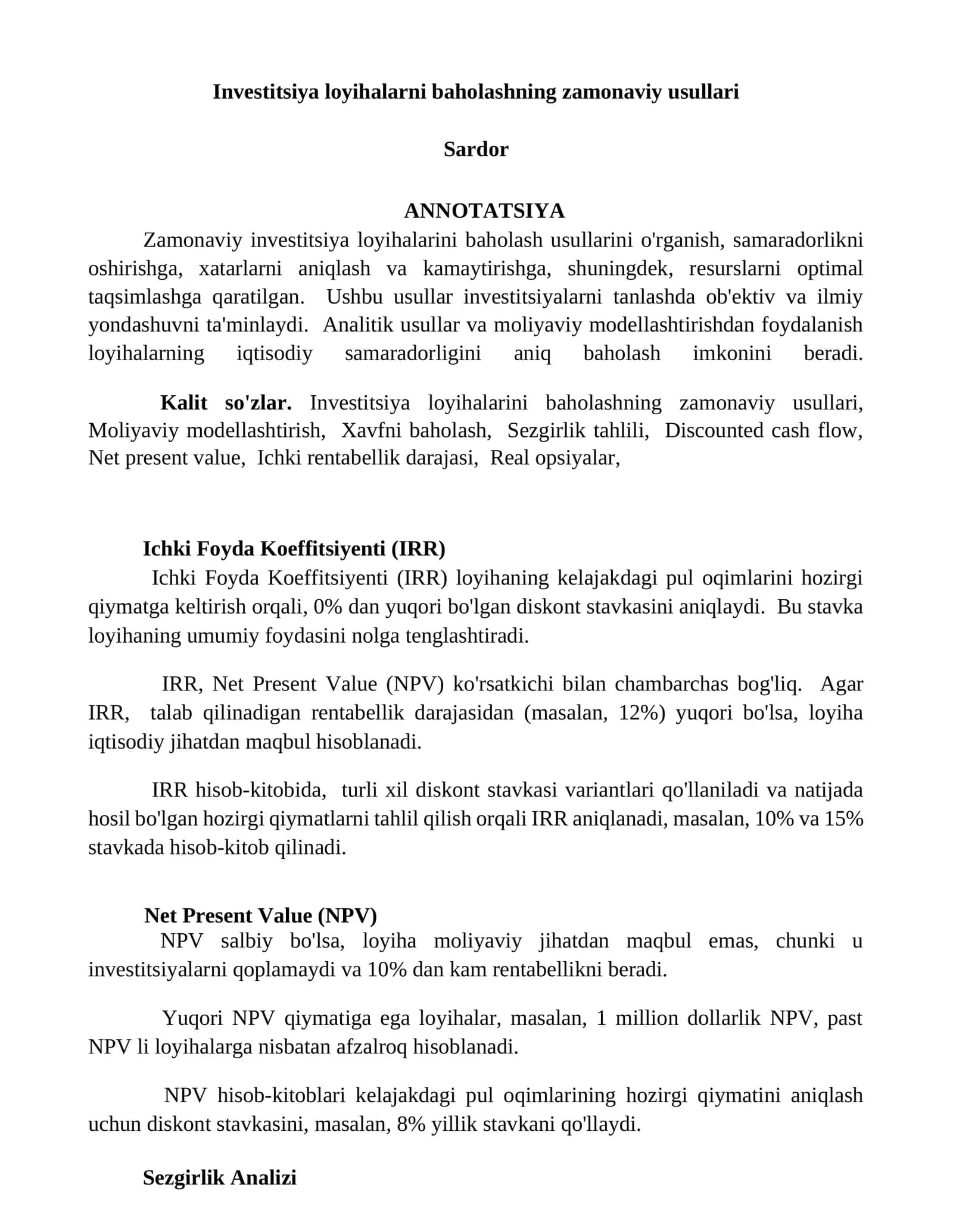 Investitsiya loyihalarni baholashning zamonaviy usullari 1