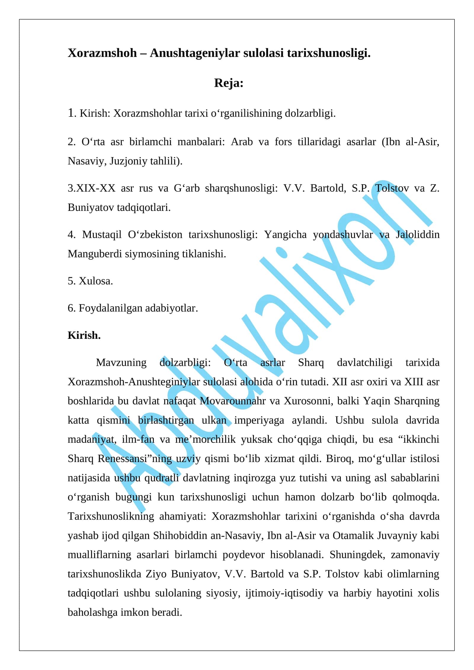Xorazmshoh – Anushtageniylar sulolasi tarixshunosligi 1