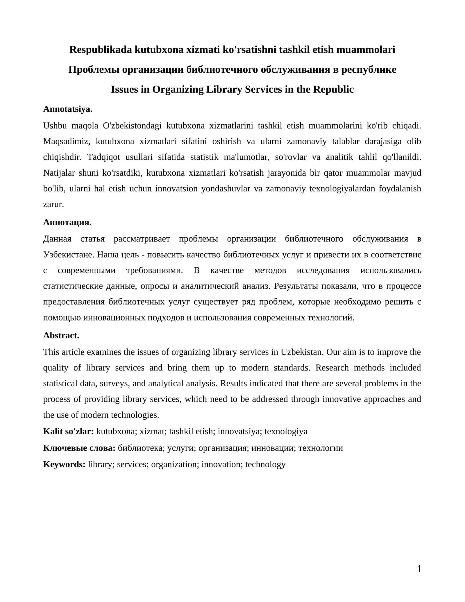 Respublikada kutubxona xizmati ko'rsatishni tashkil etish muammolari 1