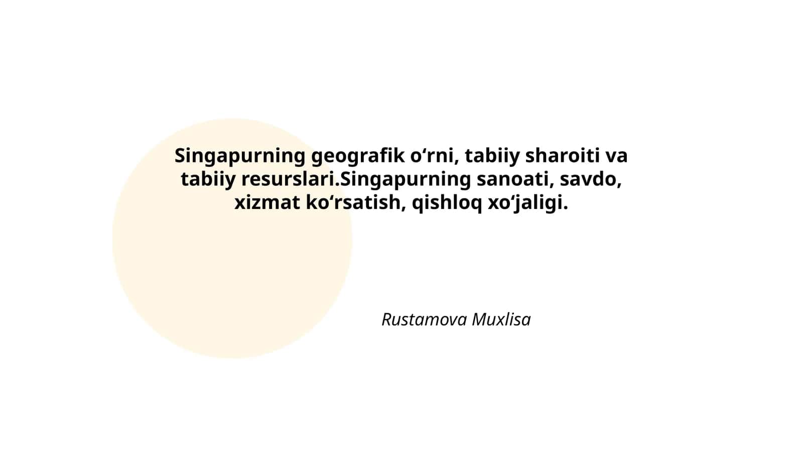 Singapurning geografik oʻrni, tabiiy sharoiti va tabiiy resurslari.Singapurning sanoati, savdo, xizmat koʻrsatish, qishloq xoʻjaligi 1