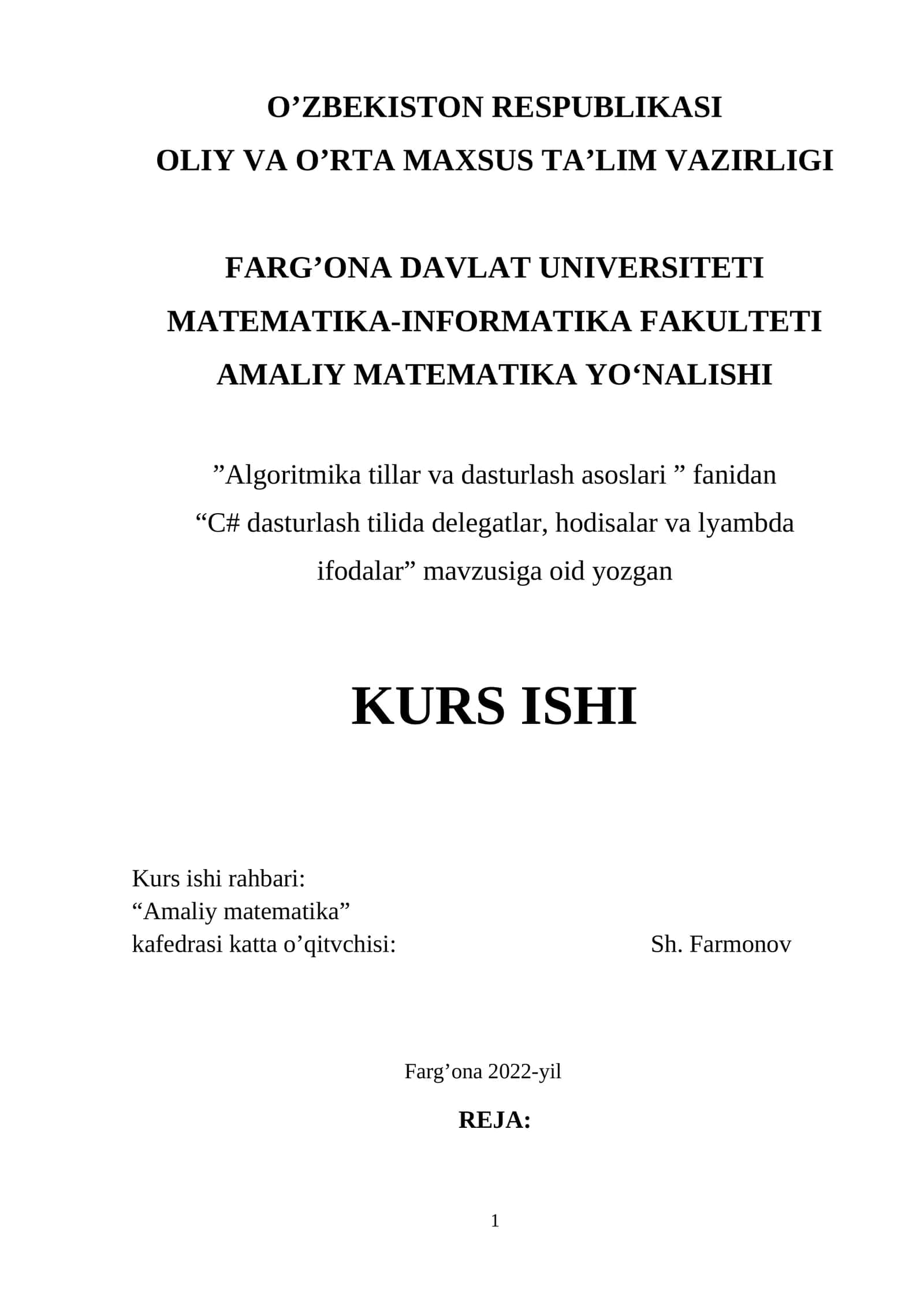 “C# dasturlash tilida delegatlar, hodisalar va lyambda ifodalar” mavzusiga oid yozgan KURS ISHI 1