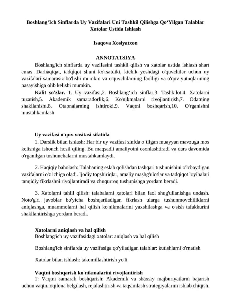 BoshlangʻIch Sinflarda Uy Vazifalari Uni Tashkil Qilishga QoʻYilgan Talablar Xatolar Ustida Ishlash 1