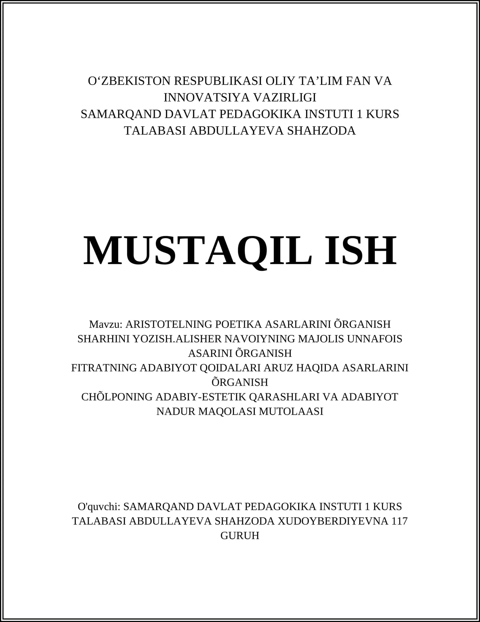 ARISTOTELNING POETIKA ASARLARINI ÕRGANISH SHARHINI YOZISH.ALISHER NAVOIYNING MAJOLIS UNNAFOIS ASARINI ÕRGANISH 1