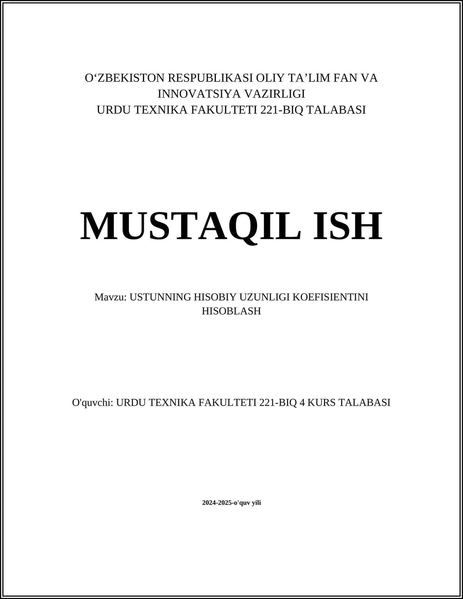 USTUNNING HISOBIY UZUNLIGI KOEFISIENTINI HISOBLASH 1