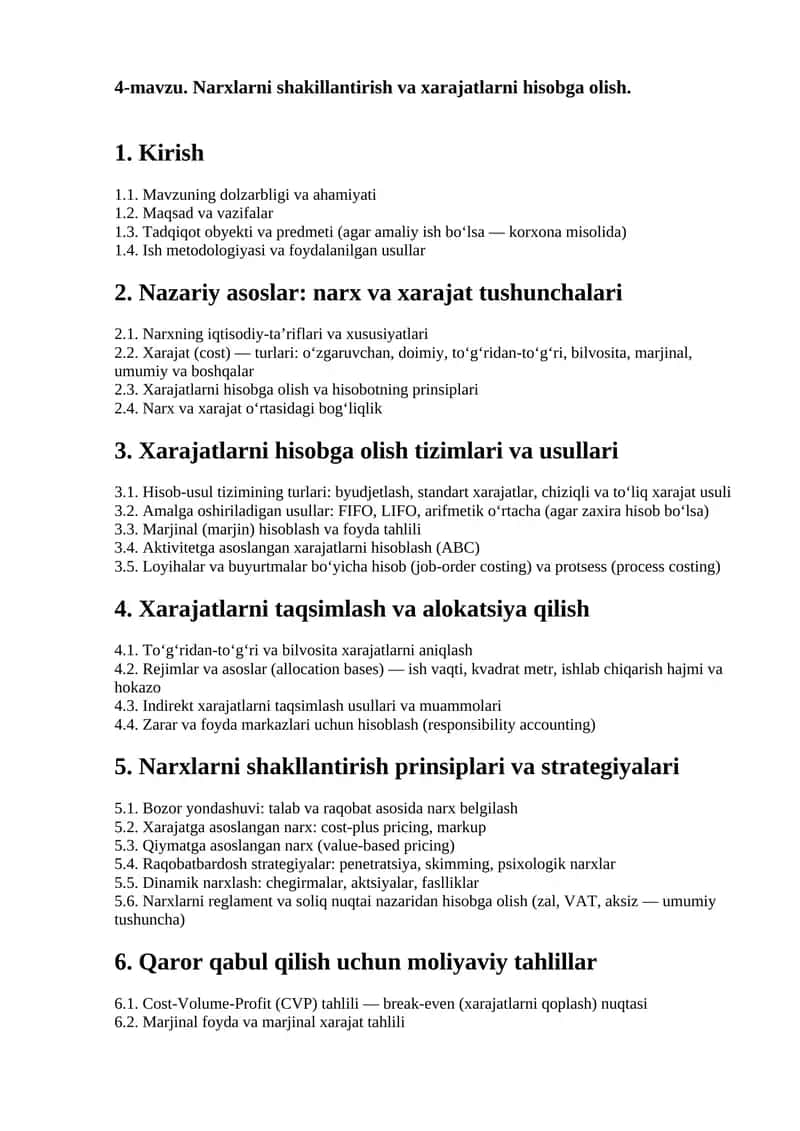 Narxlarni shakillantirish va xarajatlarni hisobga olish 1