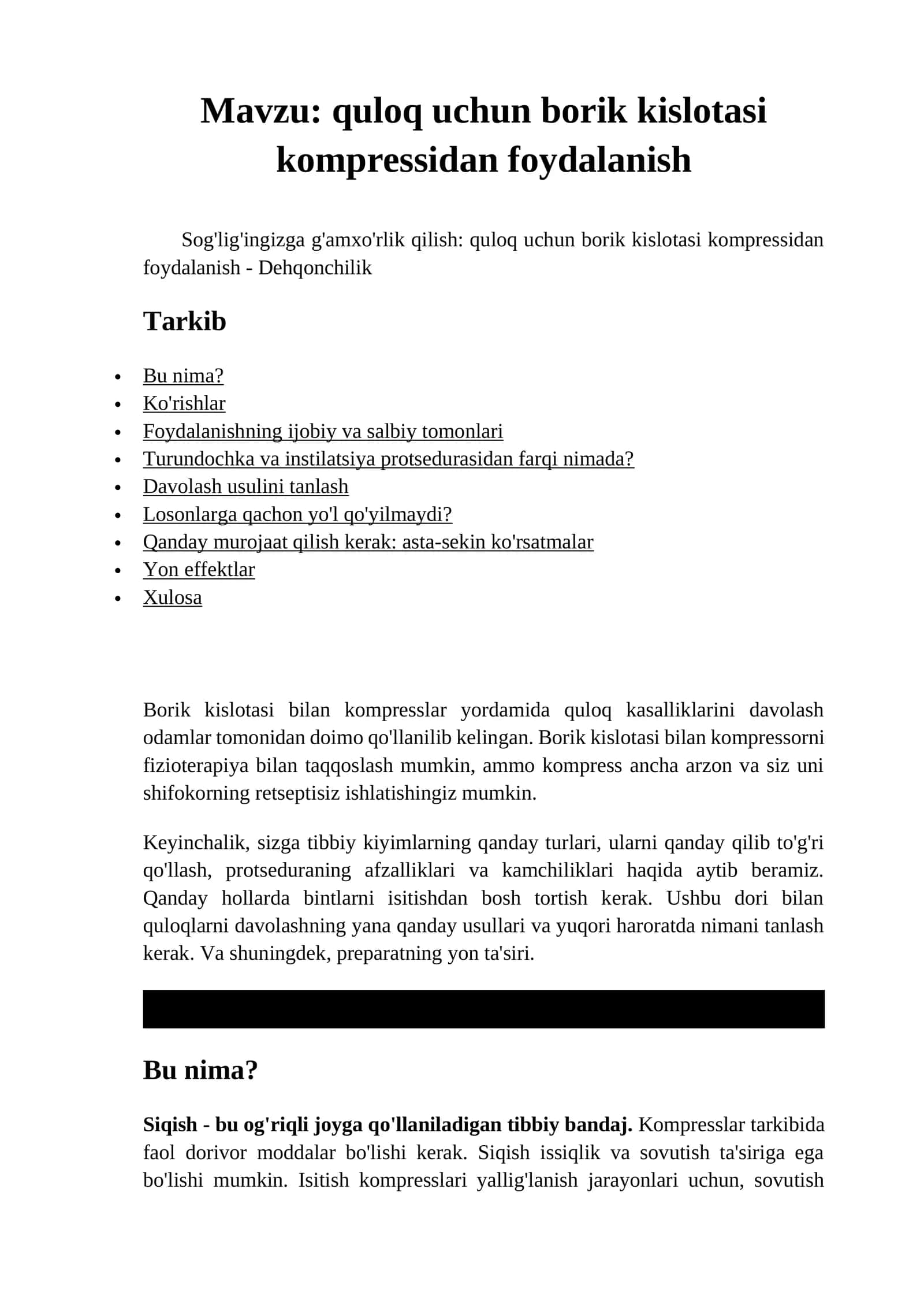 Sog'lig'ingizga g'amxo'rlik qilish: quloq uchun borik kislotasi kompressidan foydalanish - Dehqonchilik 1
