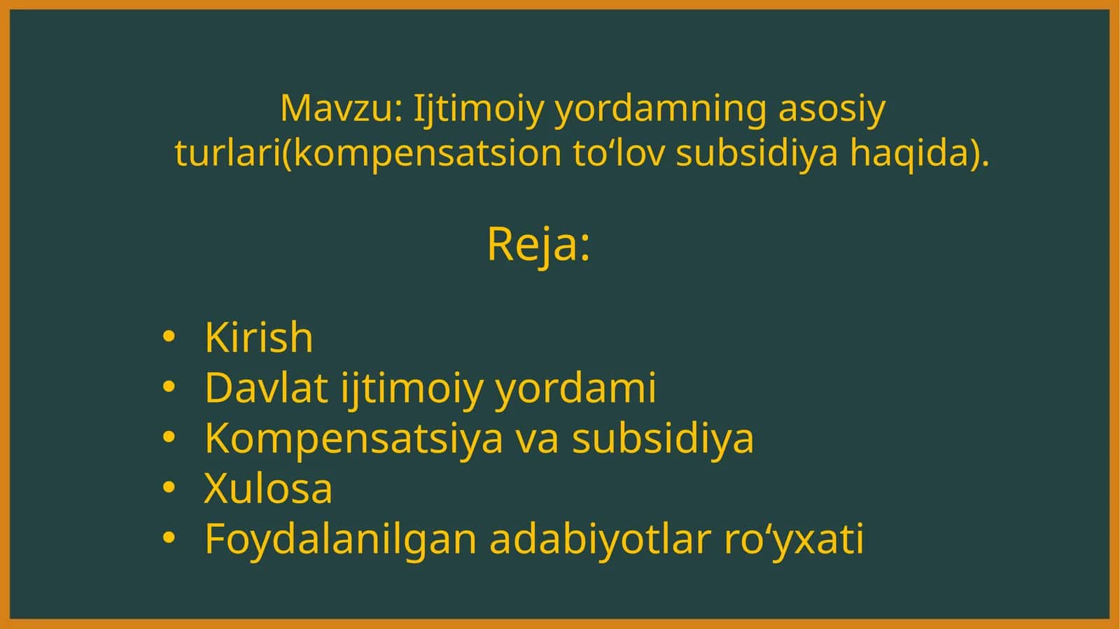 Ijtimoiy yordamning asosiy turlari(kompensatsion toʻlov subsidiya haqida). 1