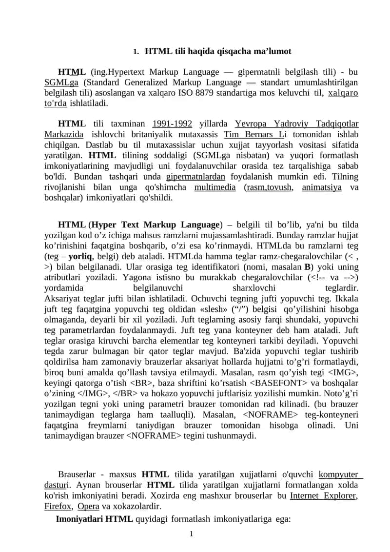 HTML tili haqida qisqacha ma’lumot 1