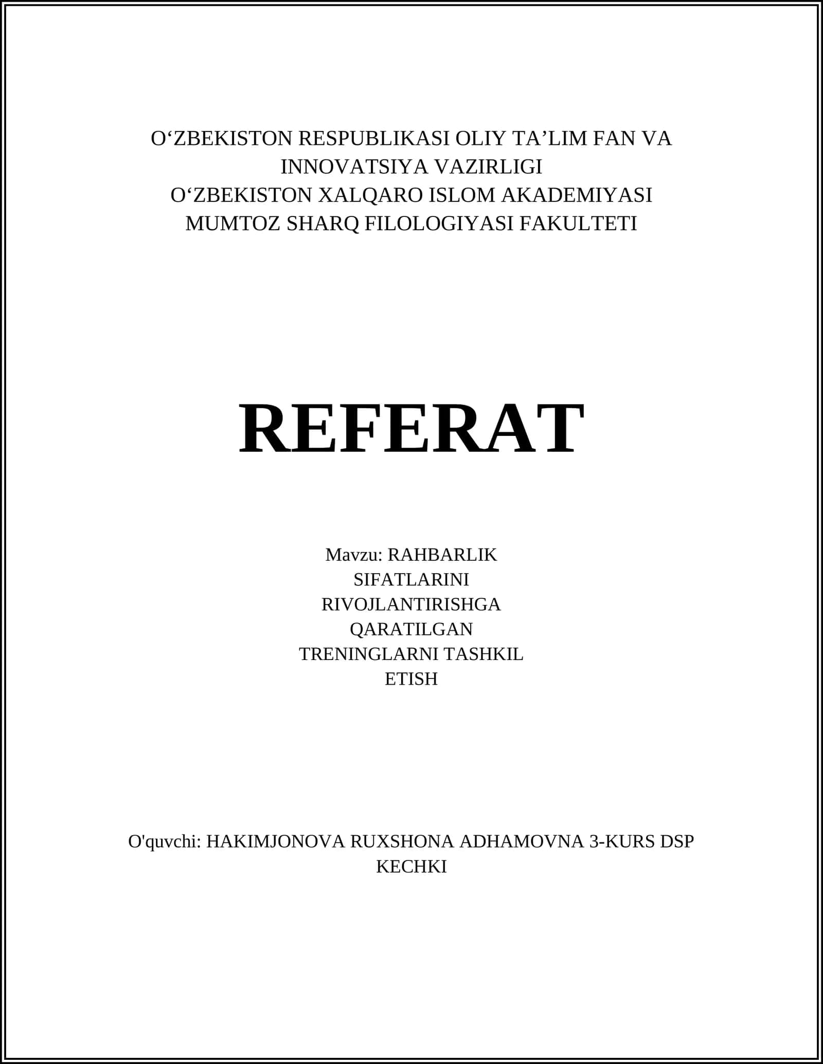 RAHBARLIK SIFATLARINI RIVOJLANTIRISHGA QARATILGAN TRENINGLARNI TASHKIL ETISH 1