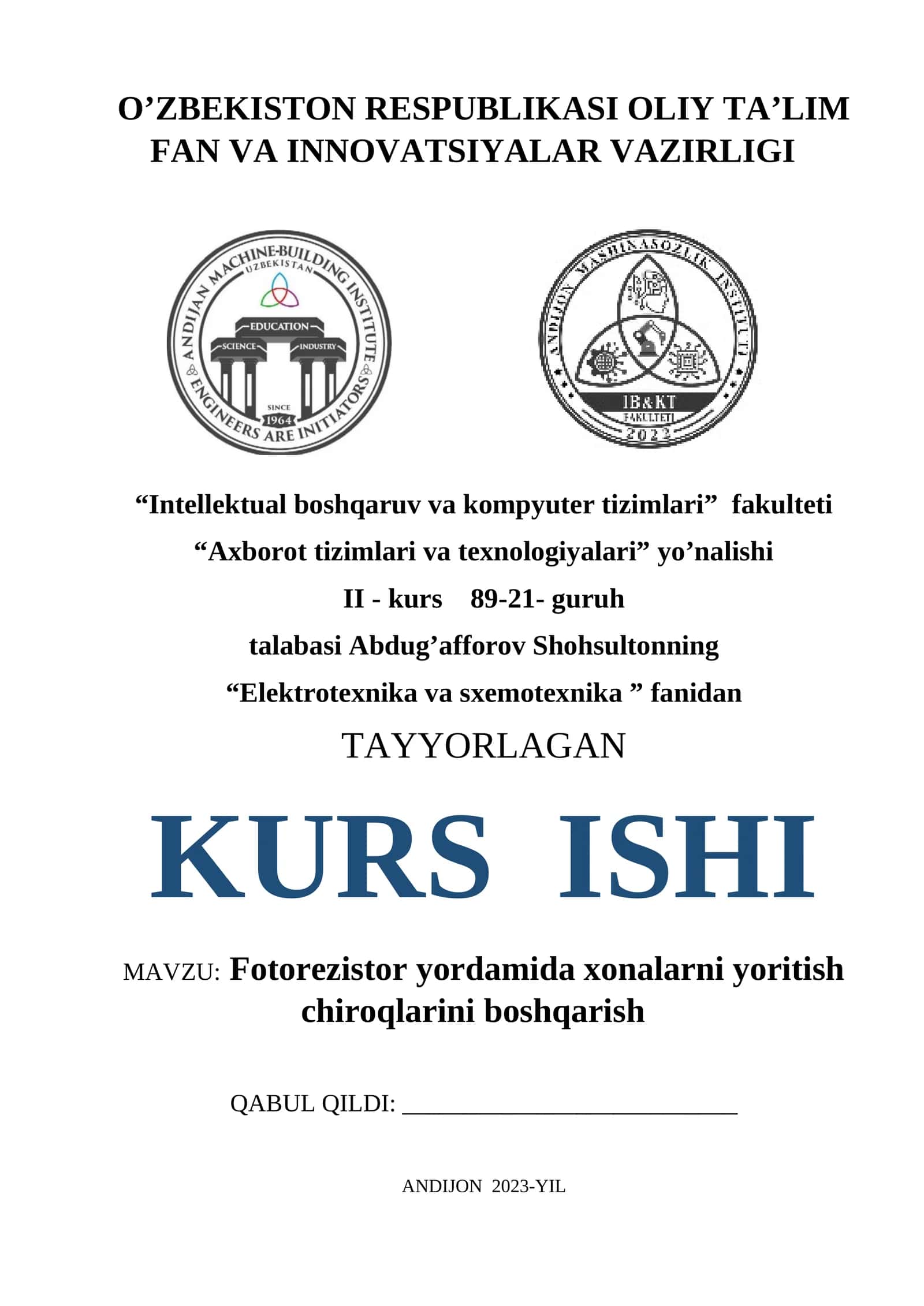 Fotorezistor yordamida xonalarni yoritish chiroqlarini boshqarish kurs ishi 1