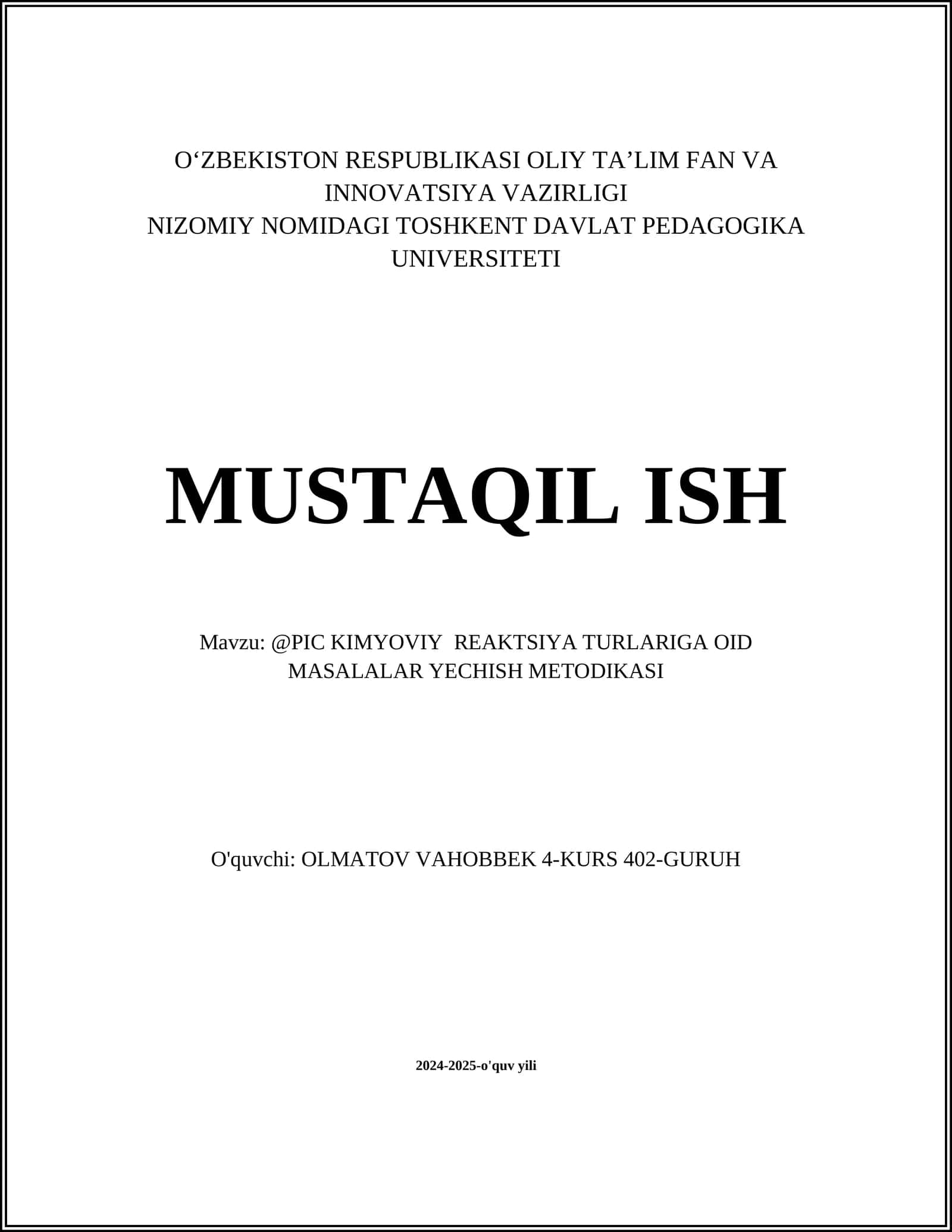 @PIC KIMYOVIY REAKTSIYA TURLARIGA OID MASALALAR YECHISH METODIKASI 1