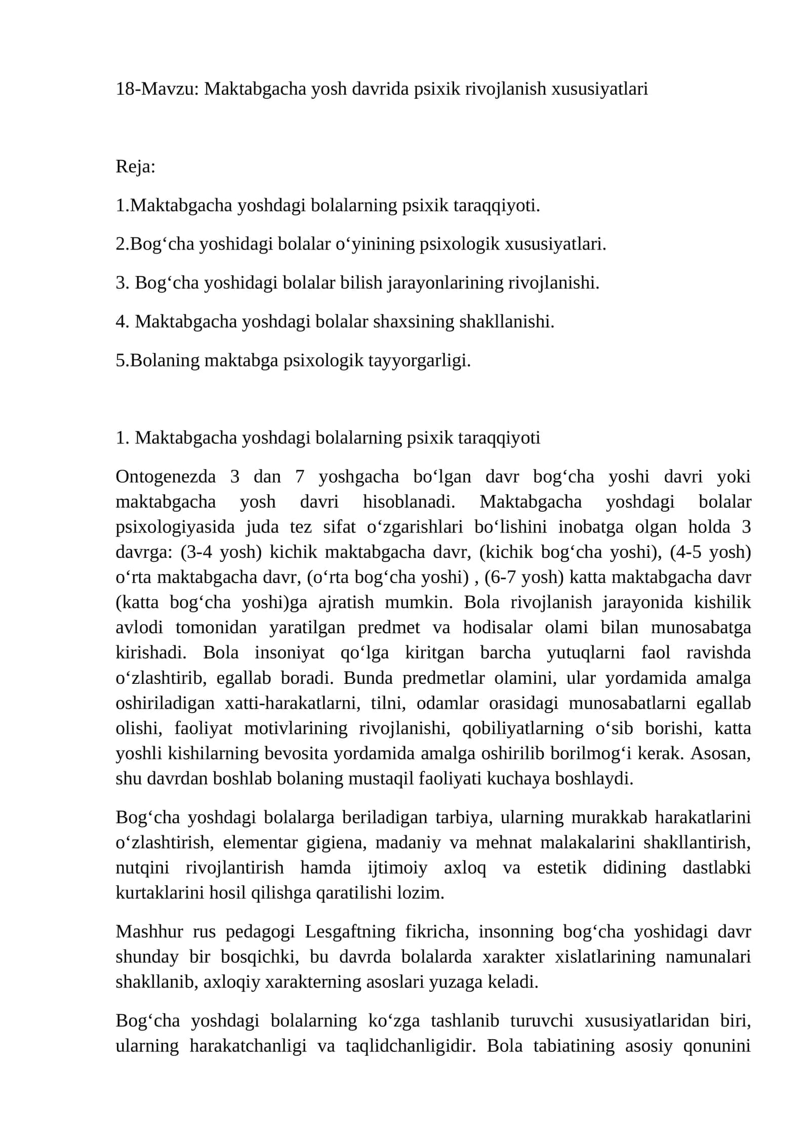18-Mavzu: Maktabgacha yosh davrida psixik rivojlanish xususiyatlari 1