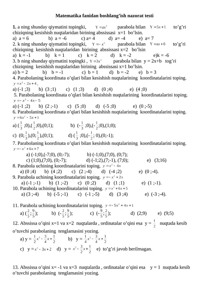Matematika fanidan boshlang’ish nazorat testi 1