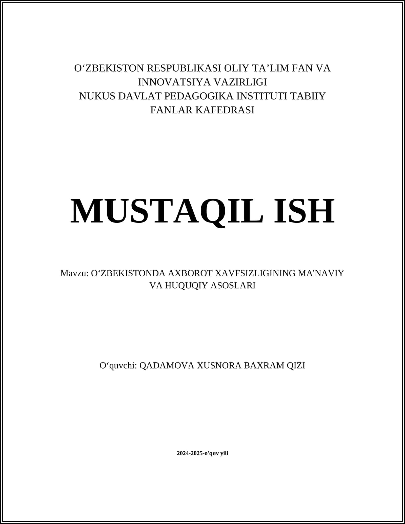 O‘zbekistonda Axborot Xavfsizligining Ma'naviy va Huquqiy Asoslari 1