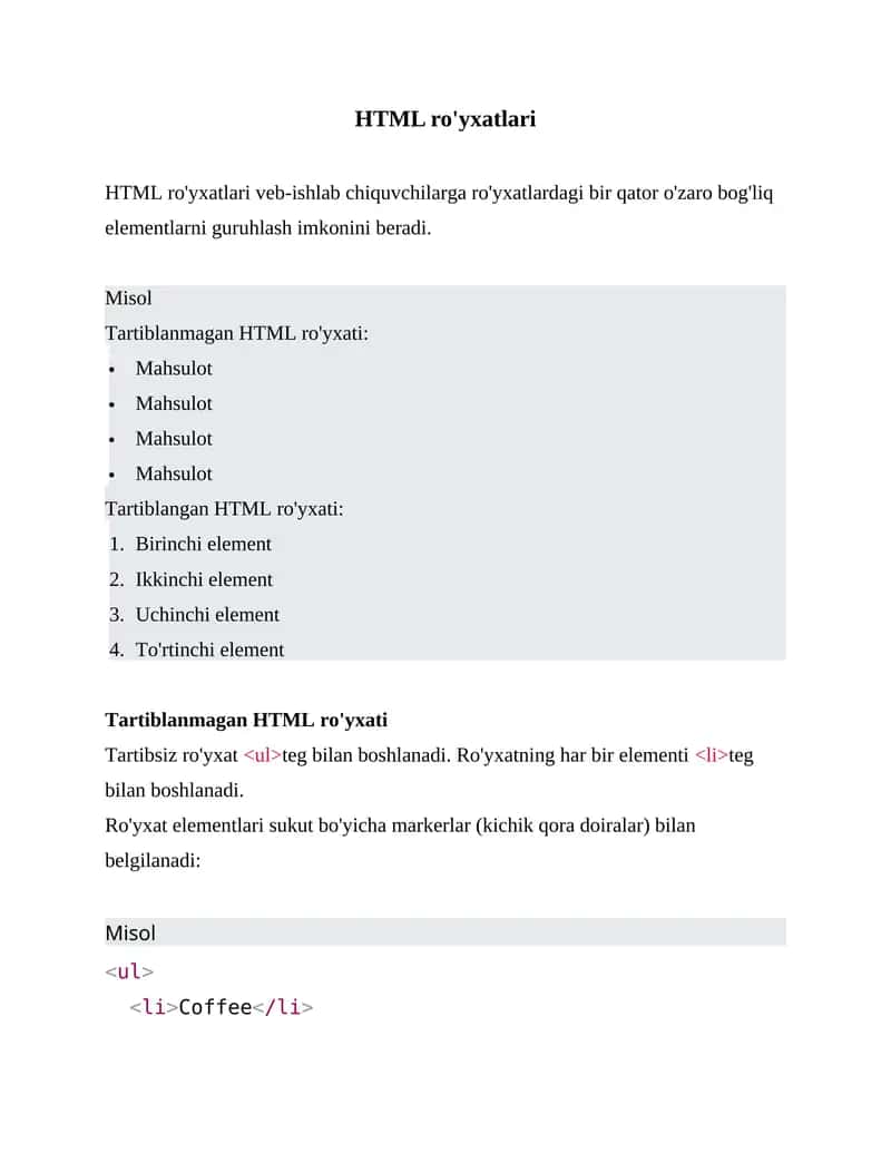 HTML ro'yxatlar bilan ishlash (kodlari bilan) 1