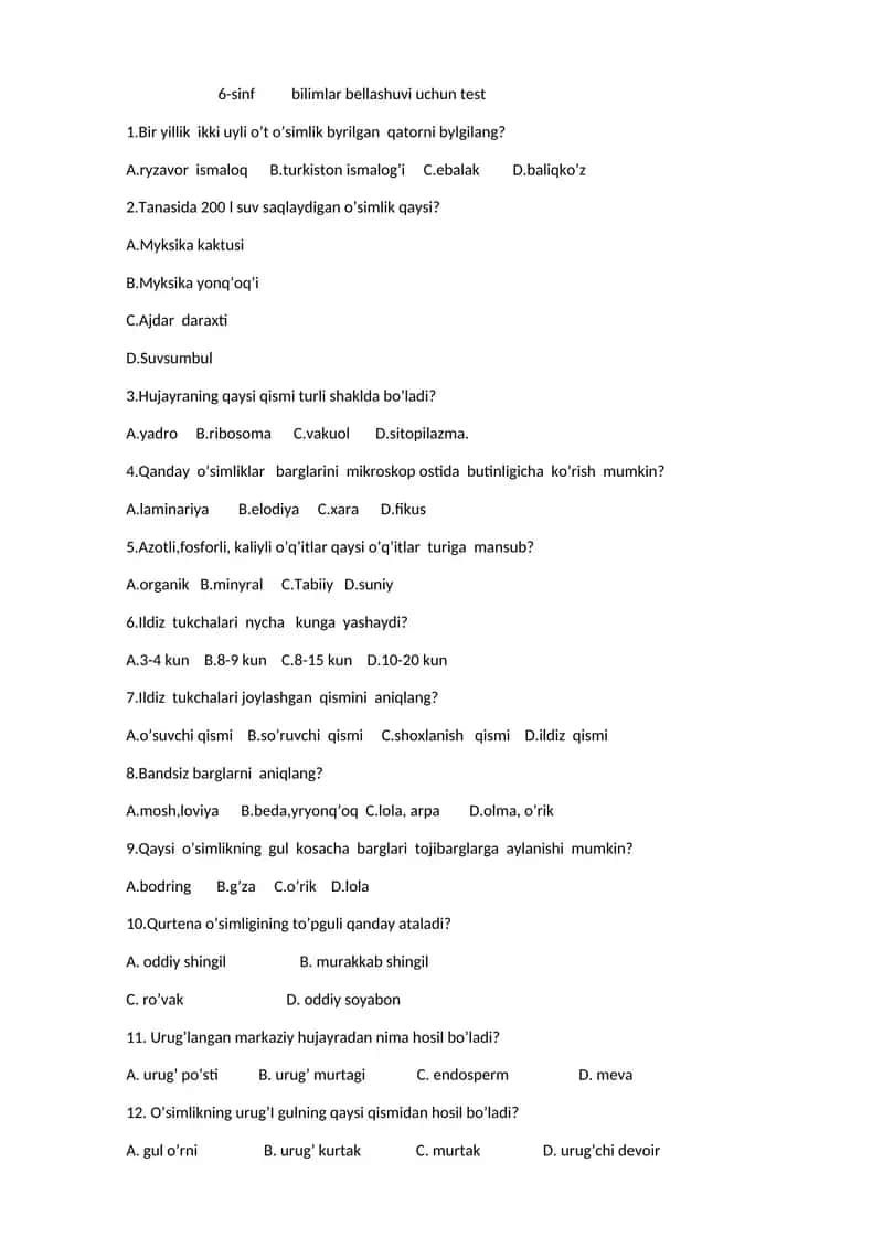 6-sinf bilimlar bellashuvi uchun test 1