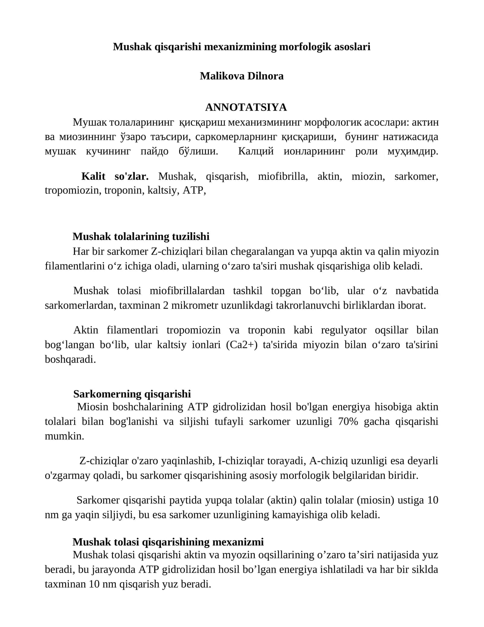 Mushak qisqarishi mexanizmining morfologik asoslari 1