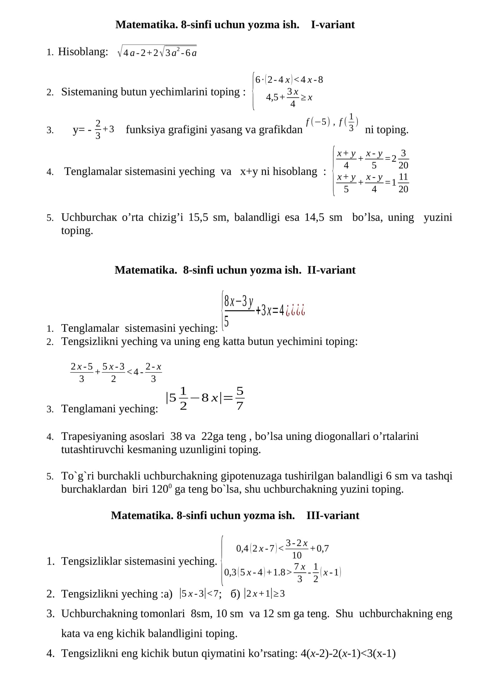Matematika. 8-sinfi uchun yozma ish. I-variant 1