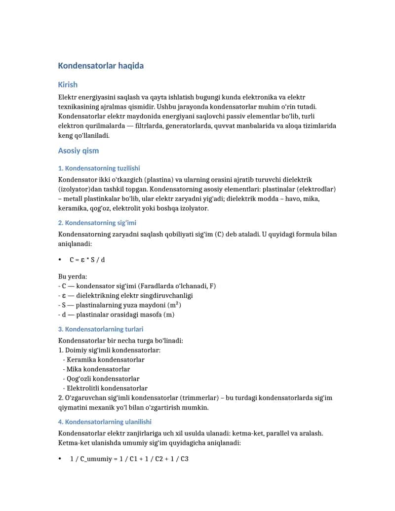 Kondensatorlar haqida 1