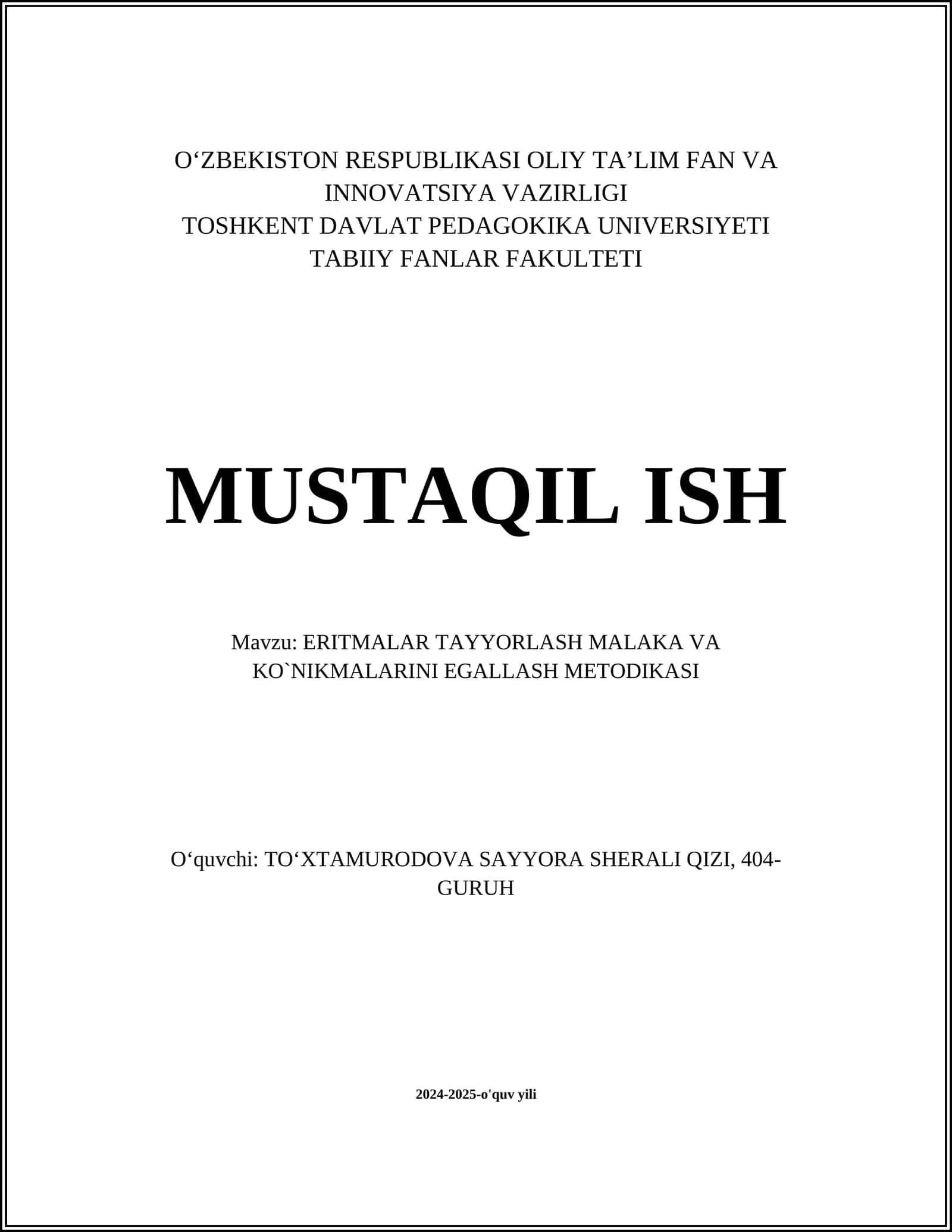 ERITMALAR TAYYORLASH MALAKA VA KO`NIKMALARINI EGALLASH METODIKASI 1