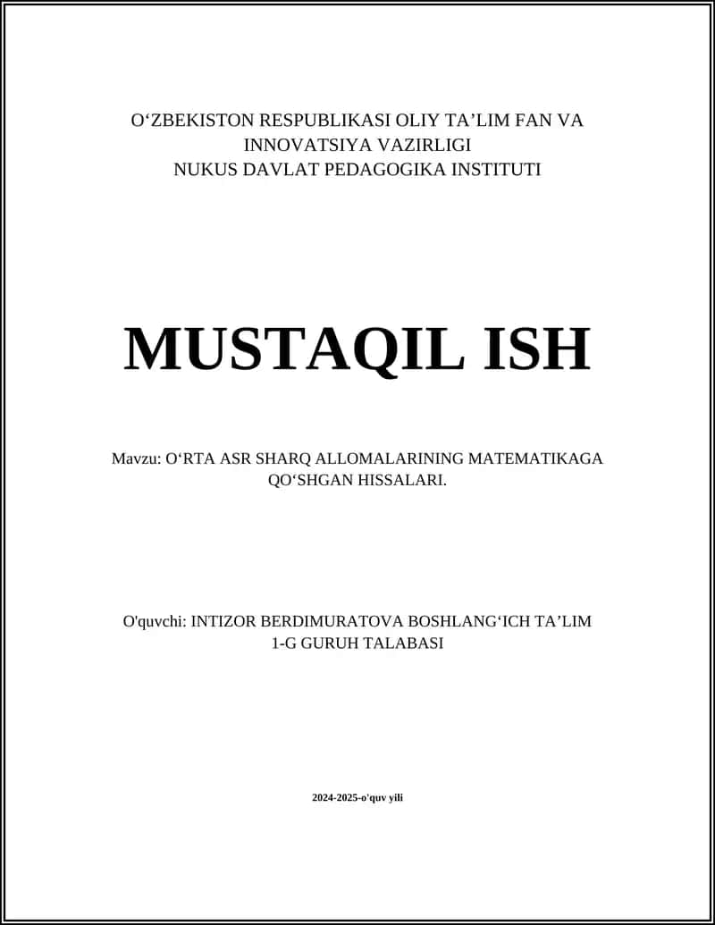 Al-Khwarizmiyning algebra faniga qoʻshgan hissasi 1