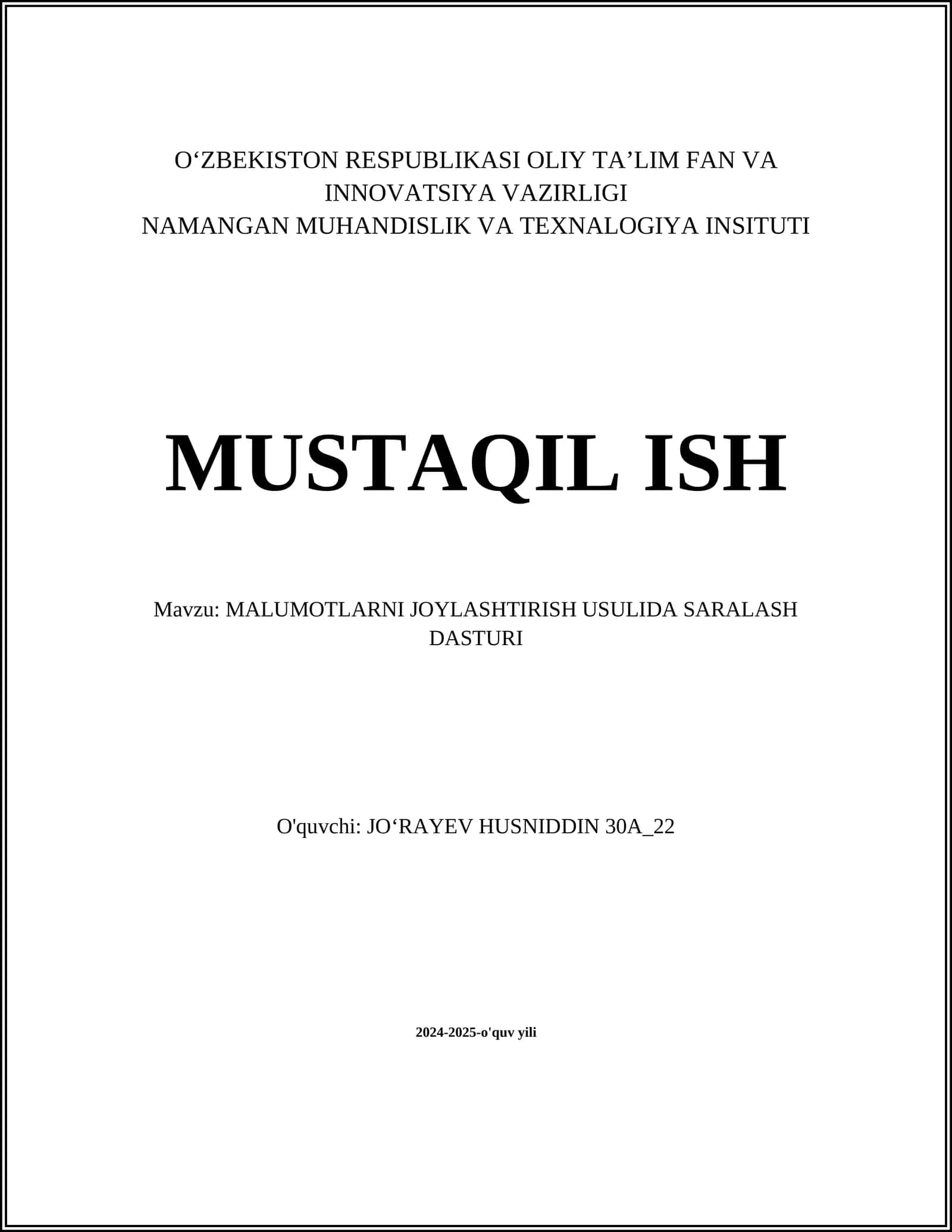 MALUMOTLARNI JOYLASHTIRISH USULIDA SARALASH DASTURI 1