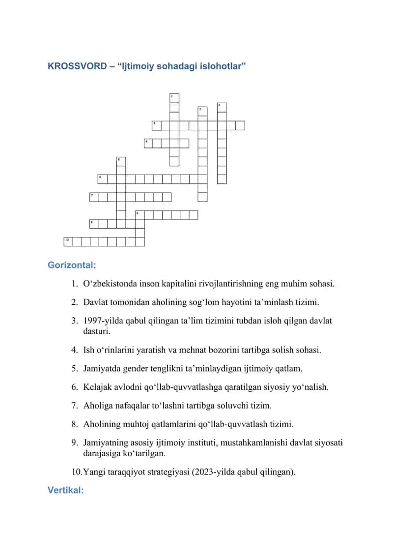 KROSSVORD – “Ijtimoiy sohadagi islohotlar” 1
