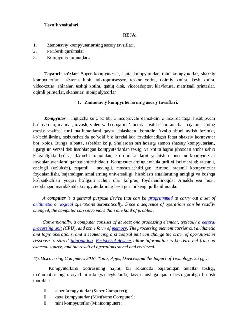 Zamonaviy kompyuterlarning asosiy tavsiflari 1