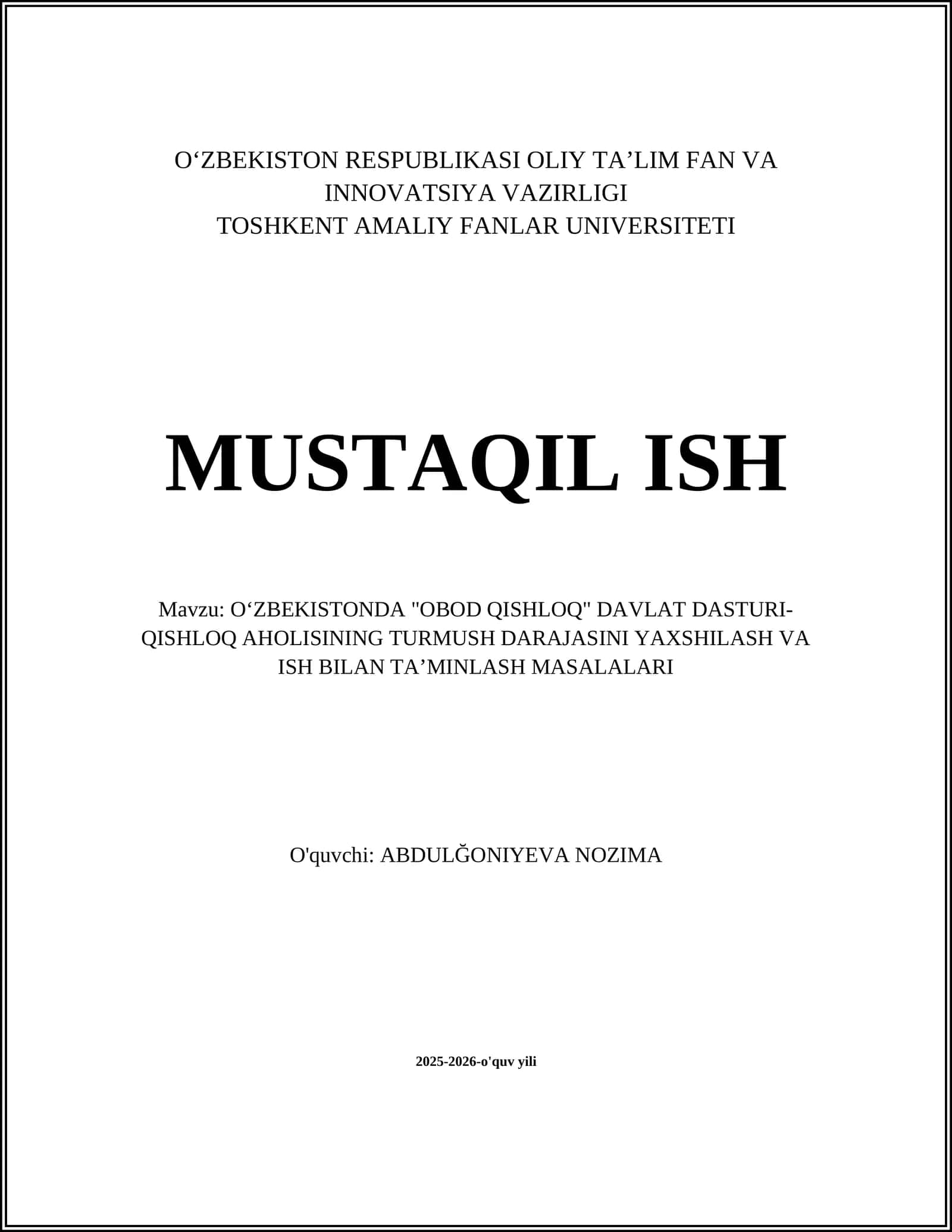 OʻZBEKISTONDA "OBOD QISHLOQ" DAVLAT DASTURI-QISHLOQ AHOLISINING TURMUSH DARAJASINI YAXSHILASH VA ISH BILAN TAʼMINLASH MASALALARI 1