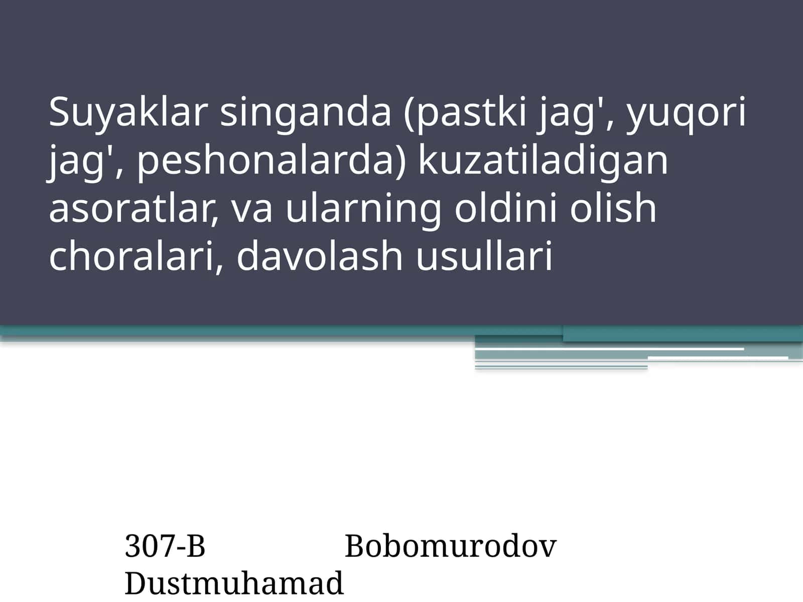 Suyaklar singanda (pastki jag', yuqori jag', peshonalarda) kuzatiladigan asoratlar, va ularning oldi 1