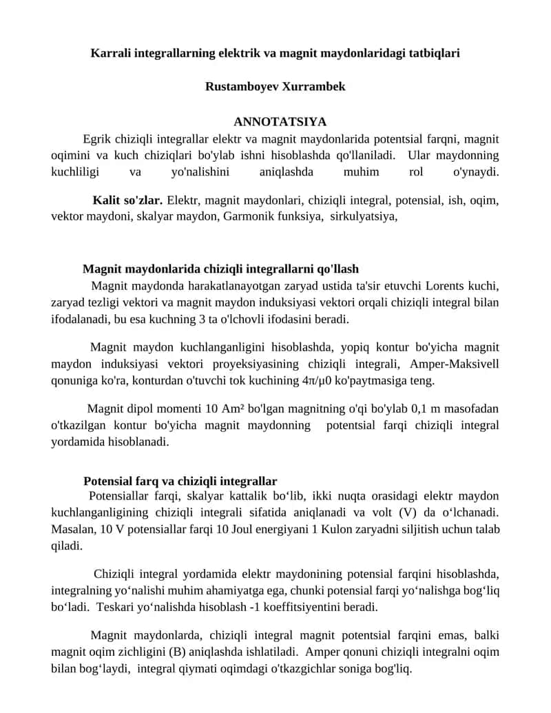 Magnit maydonlarida chiziqli integrallarni qo'llash 1