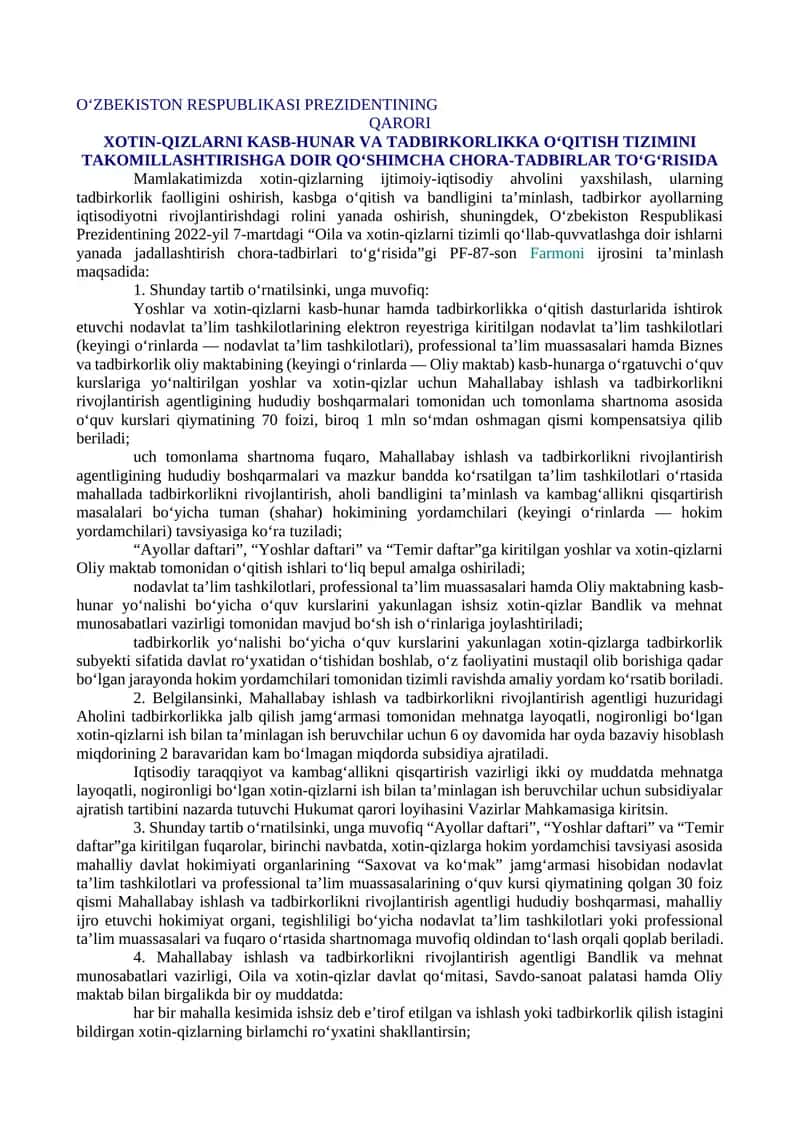 XOTIN-QIZLARNI KASB-HUNAR VA TADBIRKORLIKKA O‘QITISH TIZIMINI TAKOMILLASHTIRISHGA DOIR QO‘SHIMCHA CHORA-TADBIRLAR TO‘G‘RISIDA 1