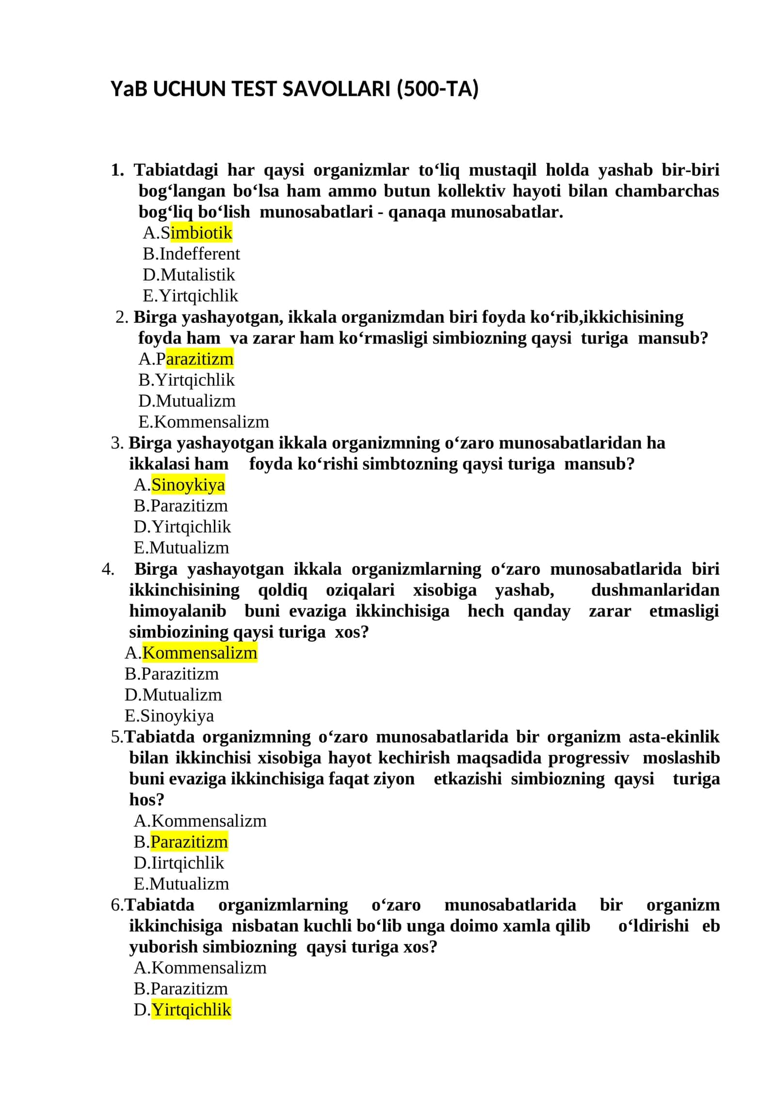 YaB UCHUN TEST SAVOLLARI (500-TA) 1