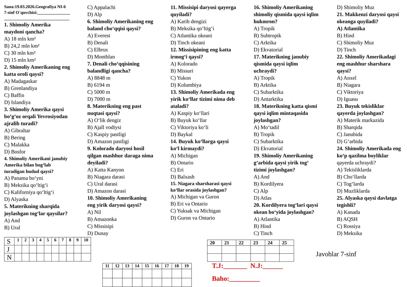 7-sinflar uchun geografiya fanidan test Nazorat ishi-6 1