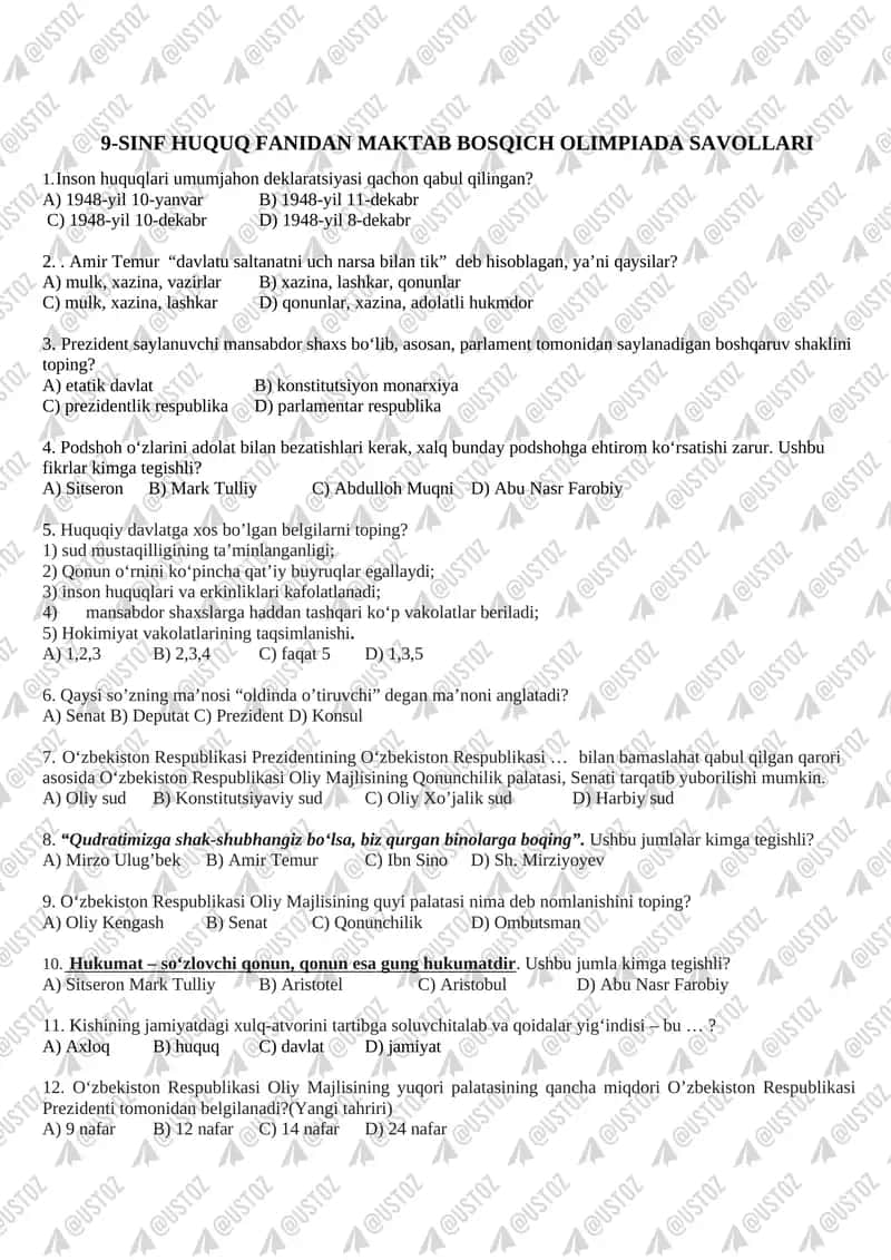 9-SINF HUQUQ FANIDAN MAKTAB BOSQICH OLIMPIADA SAVOLLARI 1