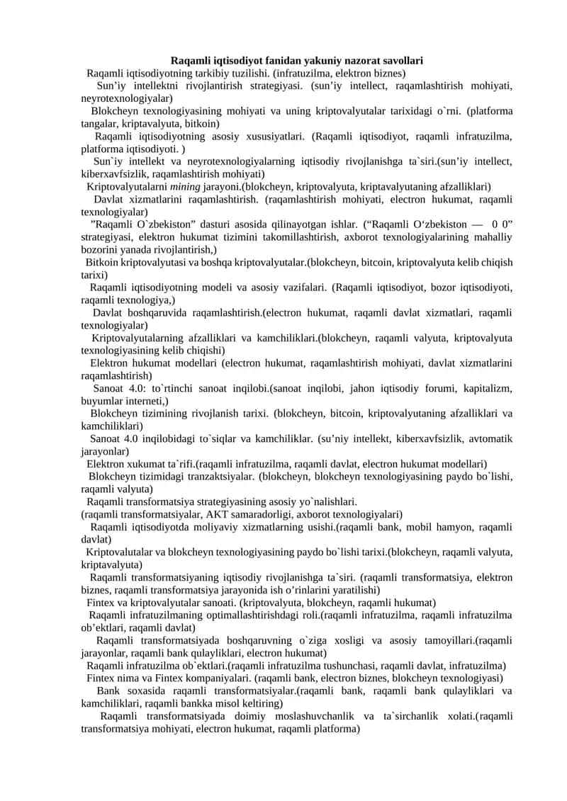 Raqamli iqtisodiyot fanidan yakuniy nazorat savollari 1