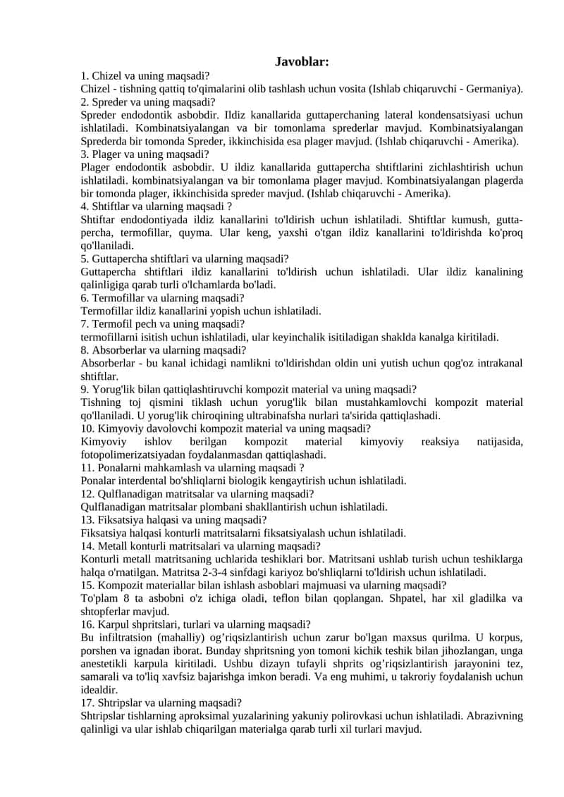 Stomatologik asboblar haqida savol-javoblar 1