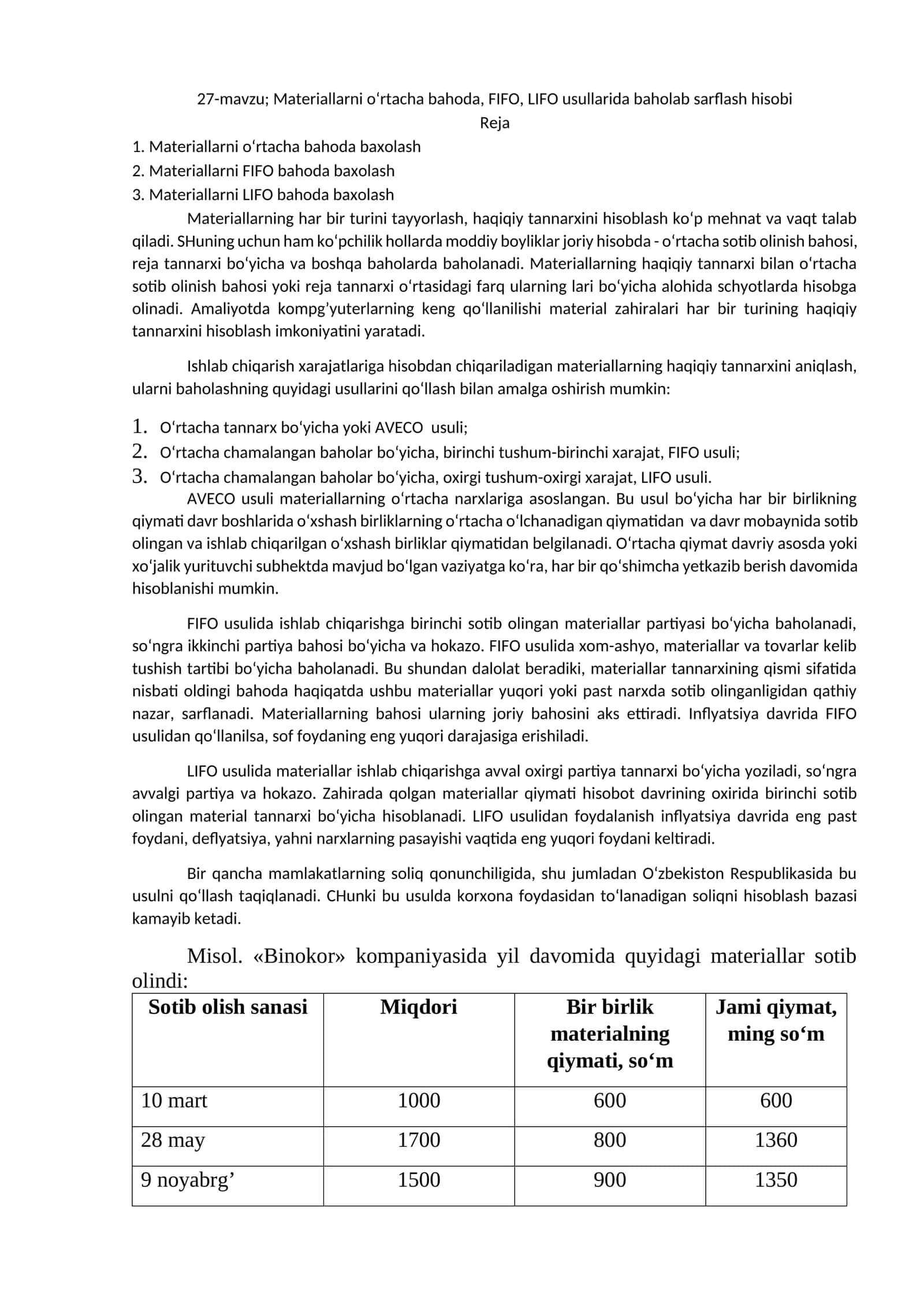 Materiallarni o‘rtacha bahoda, FIFO, LIFO usullarida baholab sarflash hisobi 1