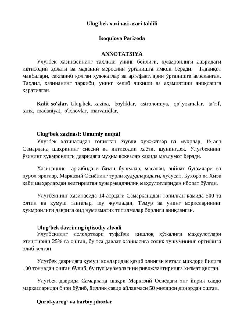 Ulug'bek xazinasi asari tahlili 1