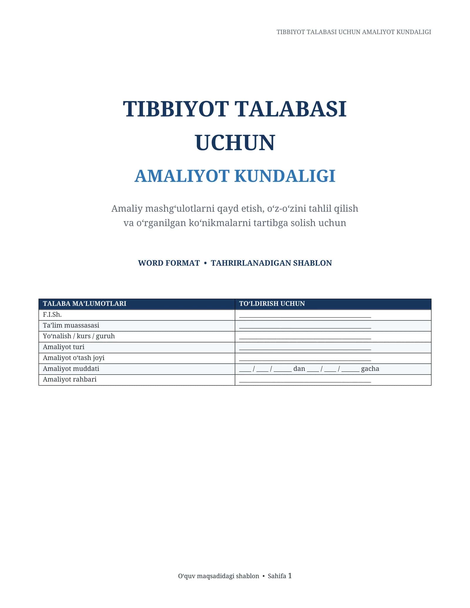 Tibbiyot talabasi uchun amaliyot kundaligi | Word DOCX shablon 1
