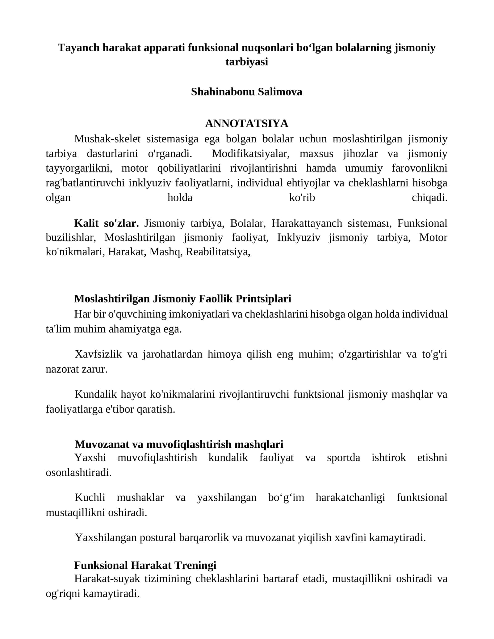 Tayanch harakat apparati funksional nuqsonlari boʻlgan bolalarning jismoniy tarbiyasi 1