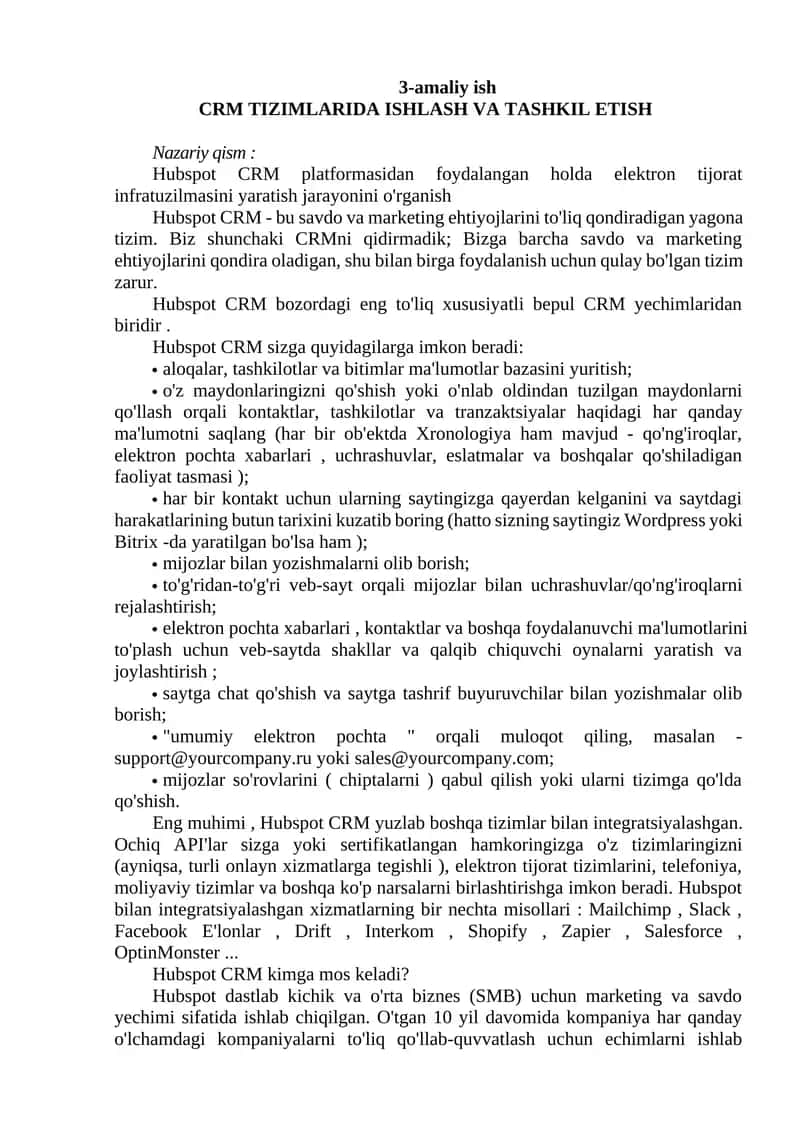 CRM TIZIMLARIDA ISHLASH VA TASHKIL ETISH 1